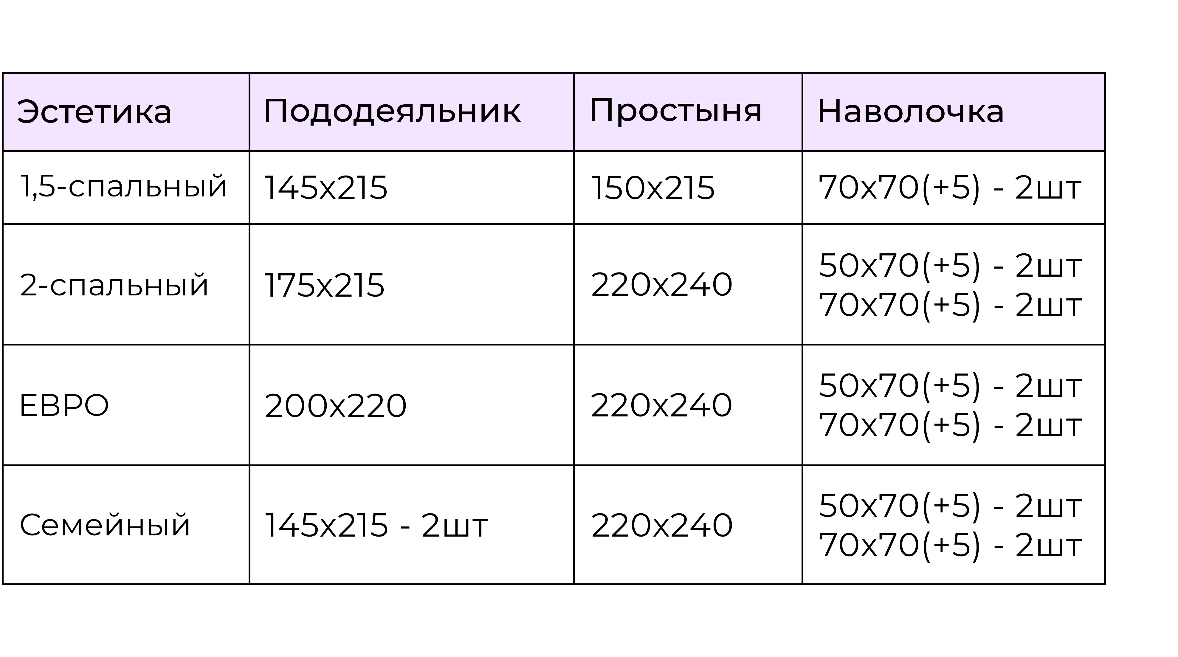 Таблица размеров