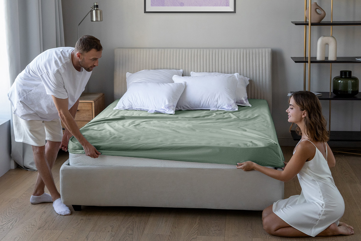 Простыня на резинке Трикотажная оливковая