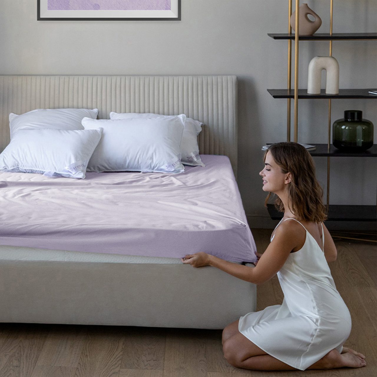 Простыня на резинке Трикотажная лиловая